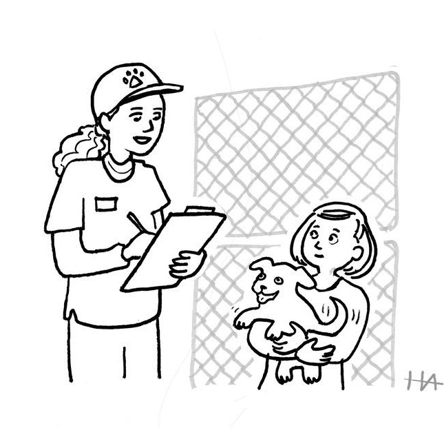Cartoon of an animal shelter worker with a clipboard telling a child holding a puppy that the pet's name must include at least eight uppercase and lowercase letters, numbers, and special characters
